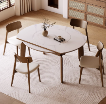 黑胡桃木色可伸缩实木岩板餐桌可变圆桌小户型家用原木中古风饭桌