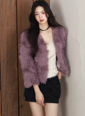 法式紫色小香风外套女2023春新款洋气羊毛短款上衣